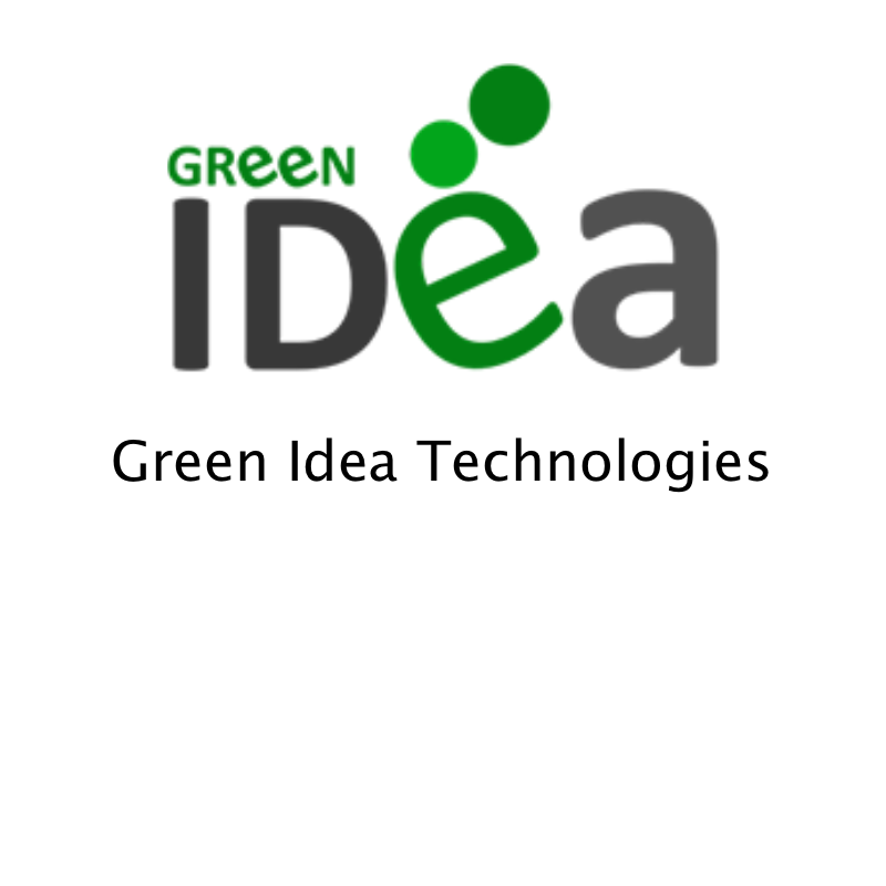 Logo della società Green Idea scritto in verde e grigio, ditta che si occupa di ricarica di toner e cartucce per stampanti.